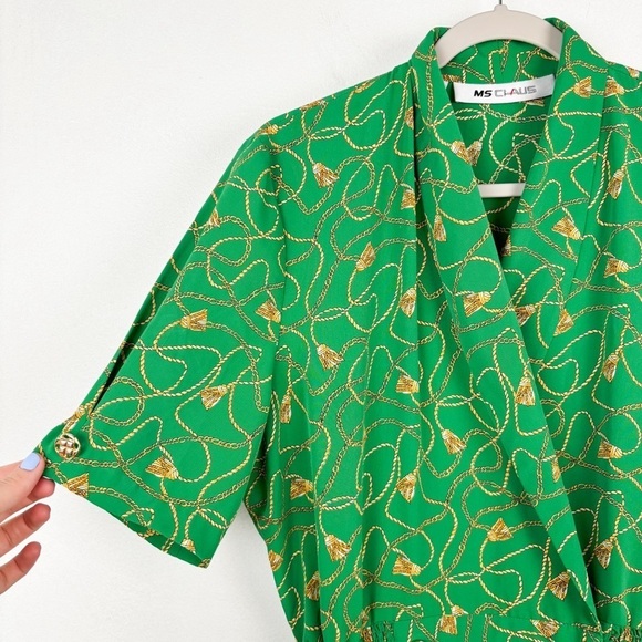 Vintags 80s Ms Chaus Green Gold Chain Print Midi Dress Sz 12 - Picture 5 of 10